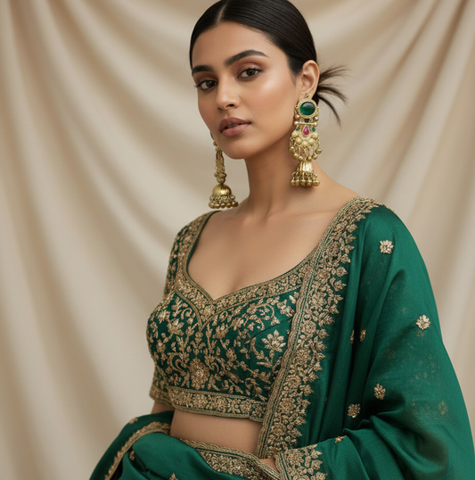 Antique Gold-Tone Jhumka Earrings with Emerald Green & Ruby Pink Stones