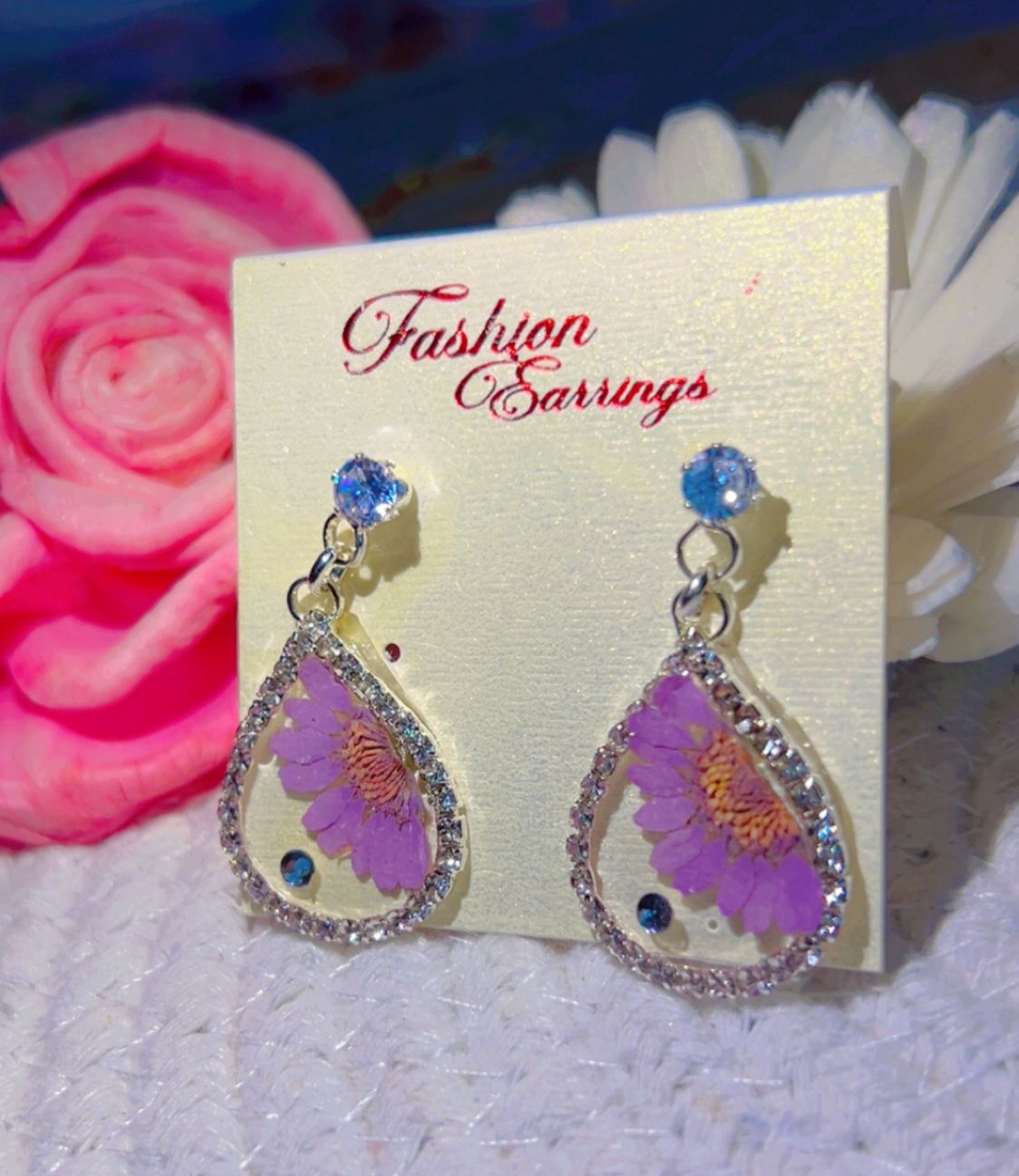 Blossom Drop Earrings – Purple Petal Crystal Edition